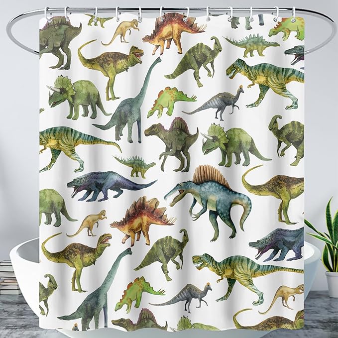 AILONEN Dinosaur Shower Curtain 72" W*96" H for Bathroom,Cartoon Dinosaur Bathroom Shower,Tropical Jungle Dinosaur Kids Boys Bath Curtain Polyester Waterproof Bathroom Curtain with 12 Hooks