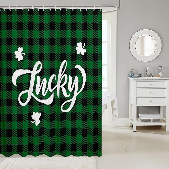Happy St. Patrick's Day Kids Shower Curtains,Leaf Irish Holiday Bathroom Curtains for Girls Boys,Geometric Grids Checkered Patchwork Green Retro Waterproof Curtains,12 Hooks Suits,72"W x 84"L