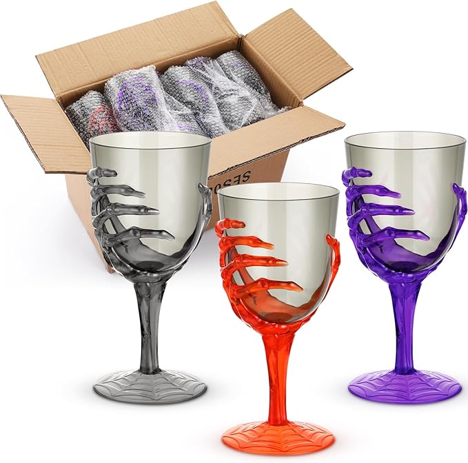 Dandat 24 Pcs Halloween Skeleton Hand Goblets 12oz Clear Plastic Halloween Cups Skull Wine Glass Set for Creepy Spooky Party Decorations(Black, Purple, Orange, Gray)