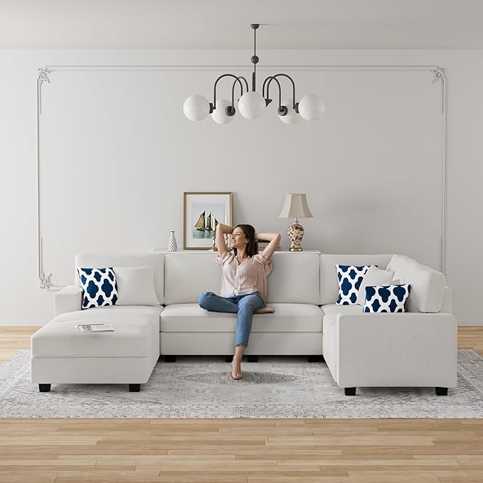 L Lengend Vansen Modular Sectional Sofa U Shaped Couch with Ottoman Modern Reversible Corner Sectional Couch for Living Room (Cream, U Shaped Sofa-3)