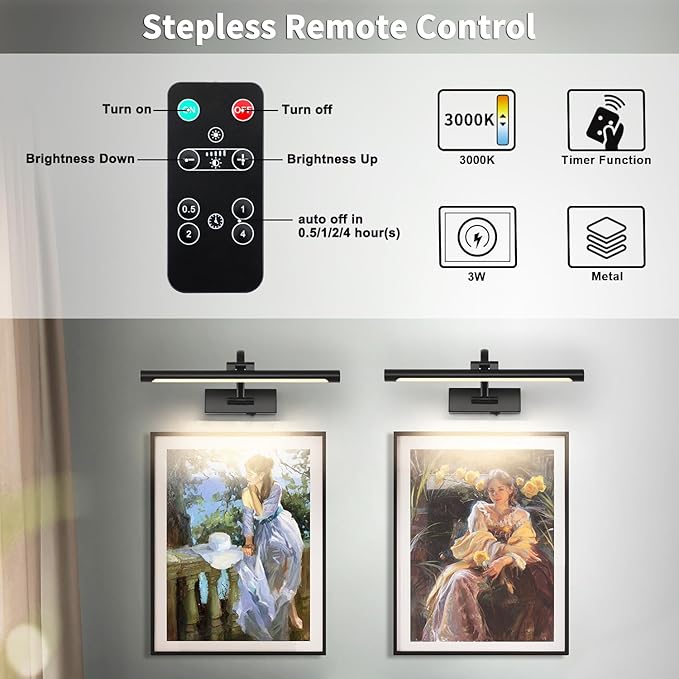 Picture Lights Battery Operated with Remote and Dimmable Function, Rechargeable Gallery Light Black Art Light Wireless Painting Lights 16'' Inch for Display, Portrait, Artwork, Warm White