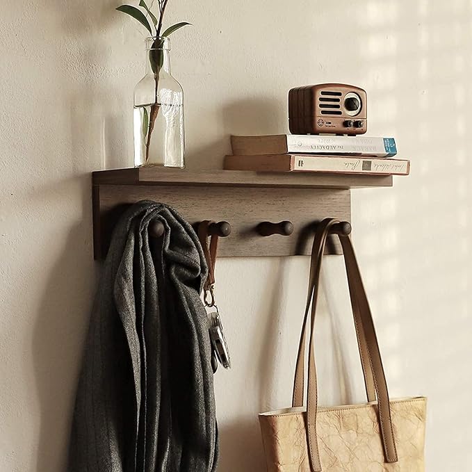 Entrance Coat Rack ，Coat Hooks, Wall-Mounted Wooden Hook Rack, Wall-Mounted Shelves are Very Suitable (Walnut Colored Finish-1)