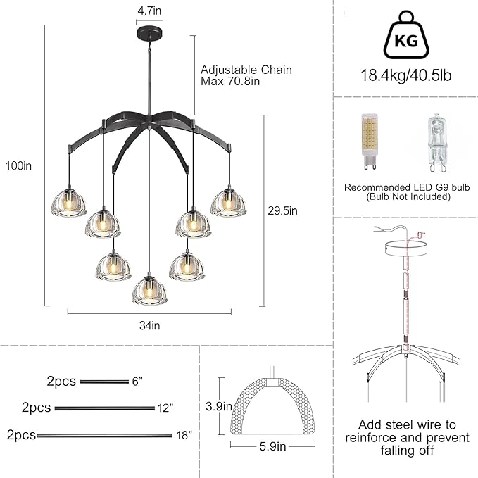 Modern Crystal Chandeliers, Black Round Chandelier for Dining Room, Large Arc Chandelies for Living Room, 7-Light Dining Room Light Fixture 34" Pendant Light Chandelier for Staircase Bedroom