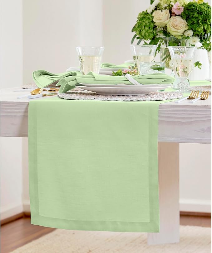 Solino Home Linen Table Runner 90 Inches Long - 100% Pure Linen Pastel Green Table Runner 14 x 90 Inch - Fete