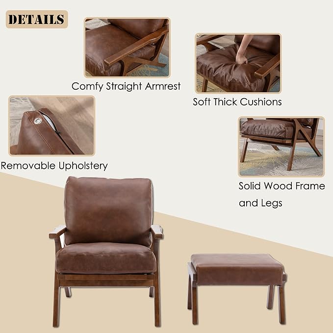 chairus Mid-Century Modern Accent Chair with Ottoman, Faux Leather Armchair with Wood Legs Comfy Upholstered Single Sofa Chair for Living Room/Bedroom/Lounge, Brown