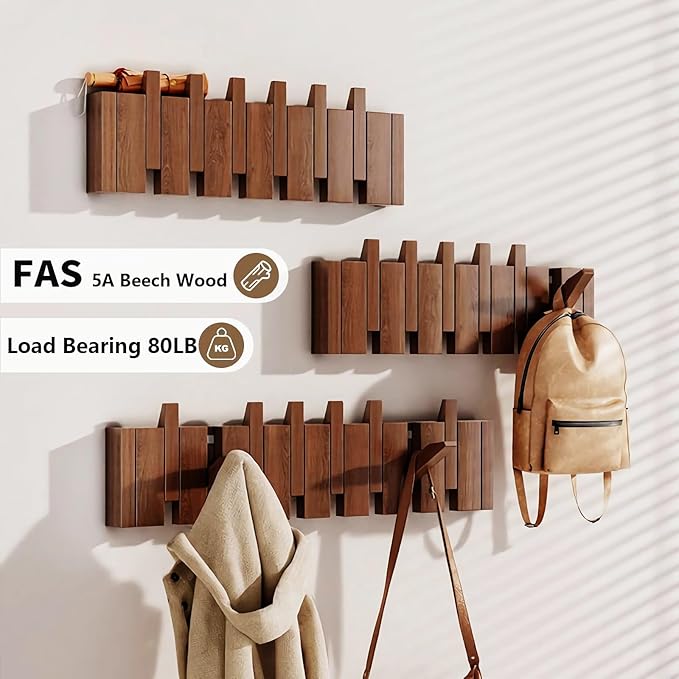 Wall Mounted Piano Key Hanger | Flip Style Hook | Entrance Wall Art Hook, Made of Oak Wood (3 Times Painted, 4 Times Polished) (Walnut-Beech, 10Hooks)