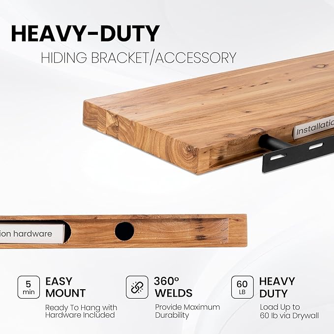 48 Inch Floating Shelves for Wall, Rustic Live Edge Elm Wood Shelf, Heavy-Duty Deep Floating Shelf for Home Decor, Wall Mounted Storage Shelves for Books, Bathroom, and Kitchen, Natural Finish