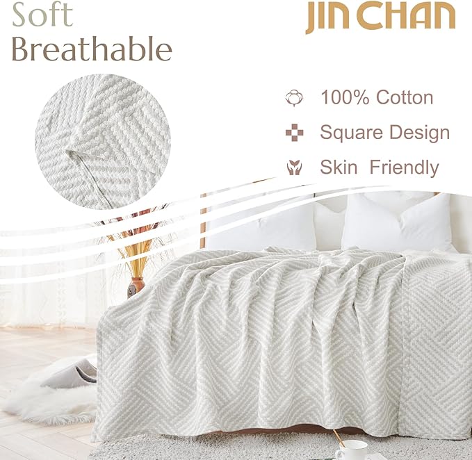 jinchan Boho 100% Cotton Blanket Muslin Twin Size 60x80 Inches Lightweight 3-Layer Geometric Square Pattern Reversible Quilt Throw Soft Breathable Comfy All Seasons for Couch Bed Decor, Light Grey