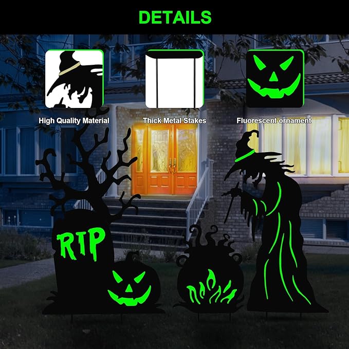 Halloween Yard Signs Outdoor Decorations，3 Pack Scary Large Witch Tombstone Cauldron Fluorescent Metal Stakes Glow in The Dark for Lawn Garden Halloween Decor (Large Witch Tombstone Cauldron)
