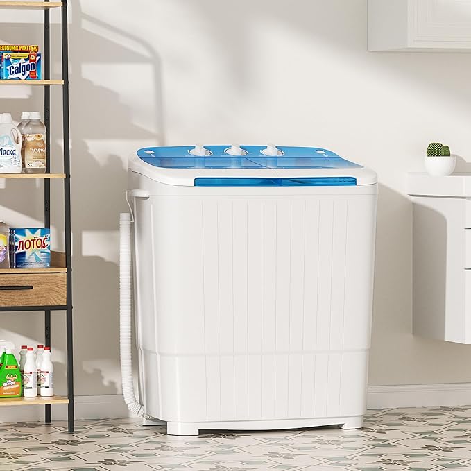 Greenvelly Portable Washing Machine, 16 Lbs Compact Mini Washer and Dryer Combo, Semi-automatic Twin Tub Washer with Drain Pump for Dorms, Apartments, RVs (Blue)