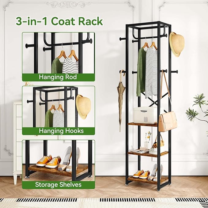 IBUYKE Coat Rack with Shelves, Freestanding Hall Tree with 3 Shelves and 8 Hooks, Industrial Clothes Stand for Entryway, Hallway, Bedroom, Rustic Brown UTMJ088H