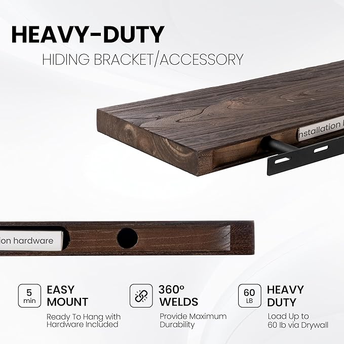 Floating Shelves for Wall, 72"x9.3" Rustic Solid Live-Edge Elm Wood Wall Shelves, Heavy-Duty Floating Shelves with Invisible Brackets, Set of 2 for Living Room, Bedroom, and Kitchen, Grey Finish