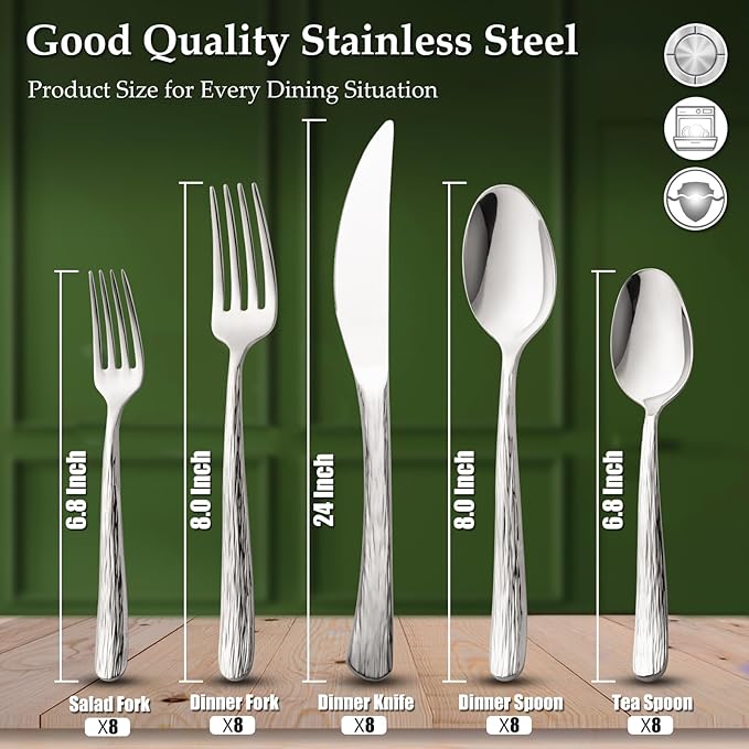 Aisoso 40-Piece High-End Silverware Set with Stone Patterned Handle Mirror Finished Stainless Steel Serving Utensils for 8, Durability and Dishwasher Safe for Home, Restaurant, Weddings