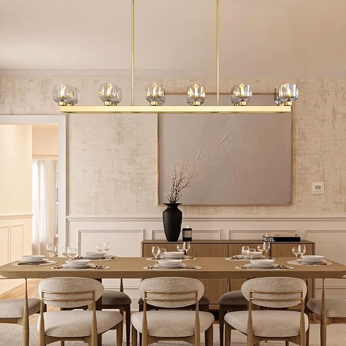 59 Inch Brass Rectangle Wagon Wheel Chandeliers, Gold Chandelier for Dining Room Over Table, Modern Crystal Long Chandelier, Farmhouse Large Linear Chandeliers for Kitchen Island