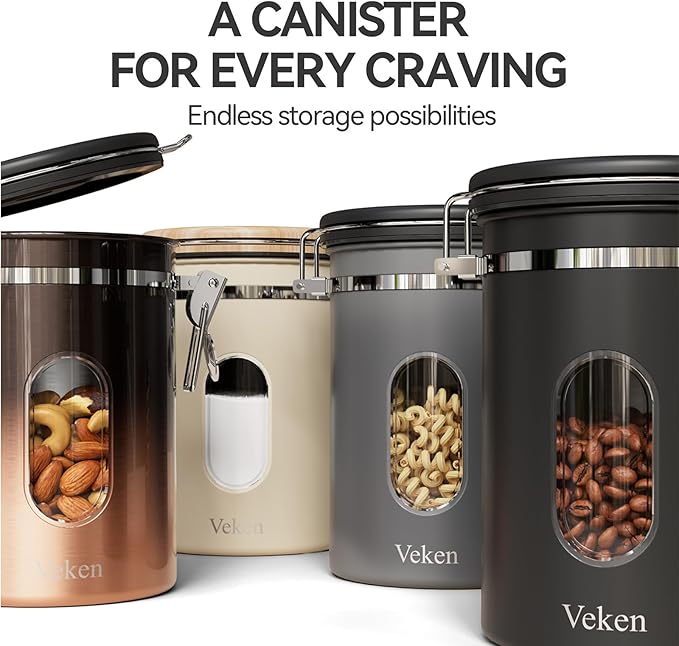 Coffee Canister Set 16 + 22 + 38 oz with Window, Airtight Stainless Steel Kitchen Food Storage Container with Date Tracker and Scoop for Grounds Coffee, Beans, Tea, Flour, Cereal, Sugar, Black