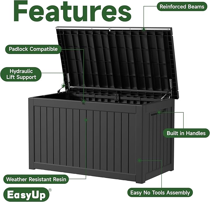 260 Gallon Outdoor Storage Box Waterproof, UV Resistant Resin Deck Box with Hydraulic Rod, Lockable Design and Enhanced Durability for Patio, Garden, and Poolside Use