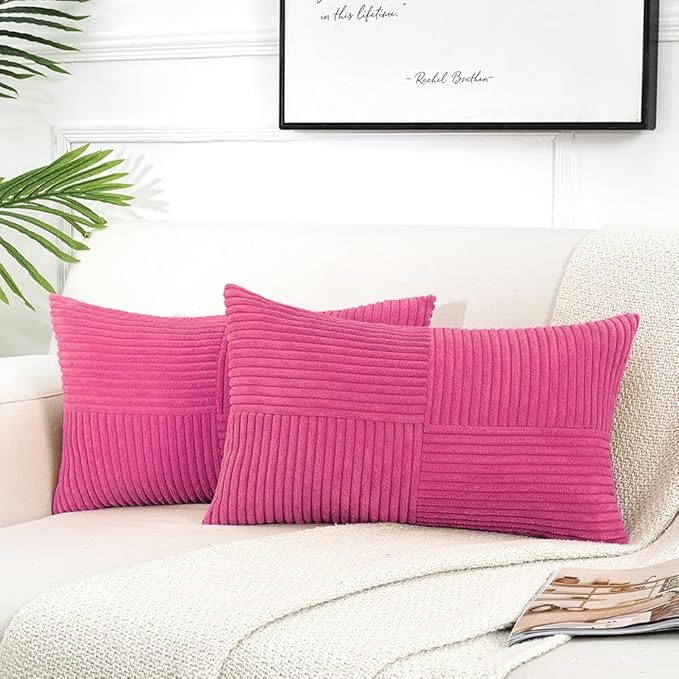 Fancy Homi 2 Packs Hot Pink Long Lumbar Decorative Throw Pillow Covers 12x24 Inch for Couch Bed Sofa, Rustic Farmhouse Boho Home Decor, Soft Striped Corduroy Rectangle Accent Cushion Case 30x60 cm