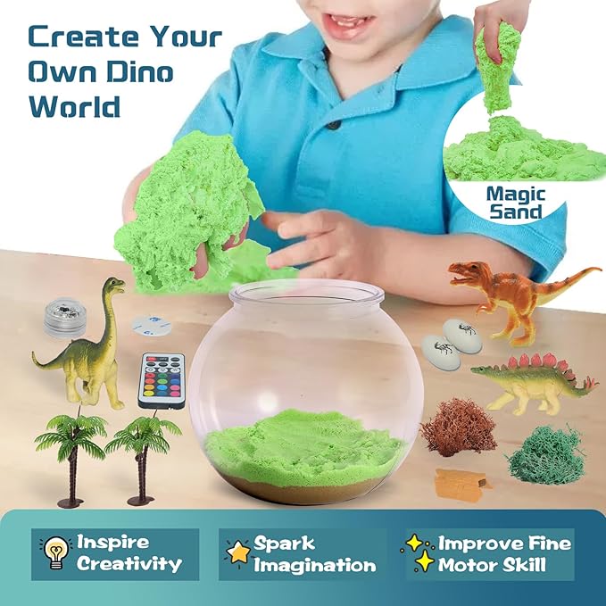 Dinosaur Light-Up Terrarium Kit for Kids- Birthday Gifts for Boys Ages 4 5 6 7 8-12 Year Old- Dinosaur Toys for Boys with Multicolor LED Light & Remote