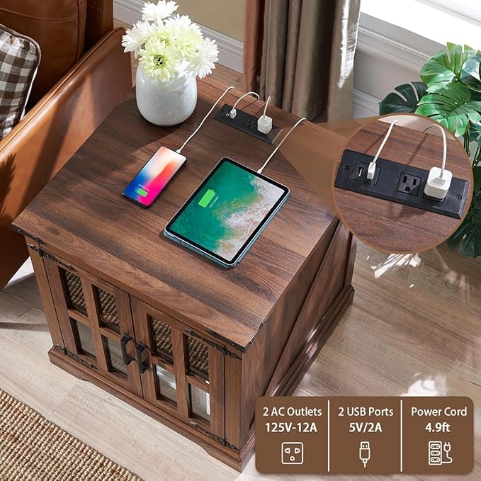 Farmhouse End Table with Charging Station,24" Large Side Table with Glass Barn Door, Rustic Wood Nightstand Bedside Table with Adjustable Storage Shelf for Living Room, Bedroom,Walnut,2 pack