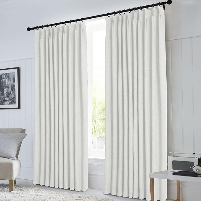 Macochico Greyish White 100% Blackout Linen Curtains 96 Inches Long Pinch Pleated Curtains for Bedroom Living Room Nursery Farmhouse Insulated Sound Reducing Drapery with Tieback 84”Wx96”L 1 Panel