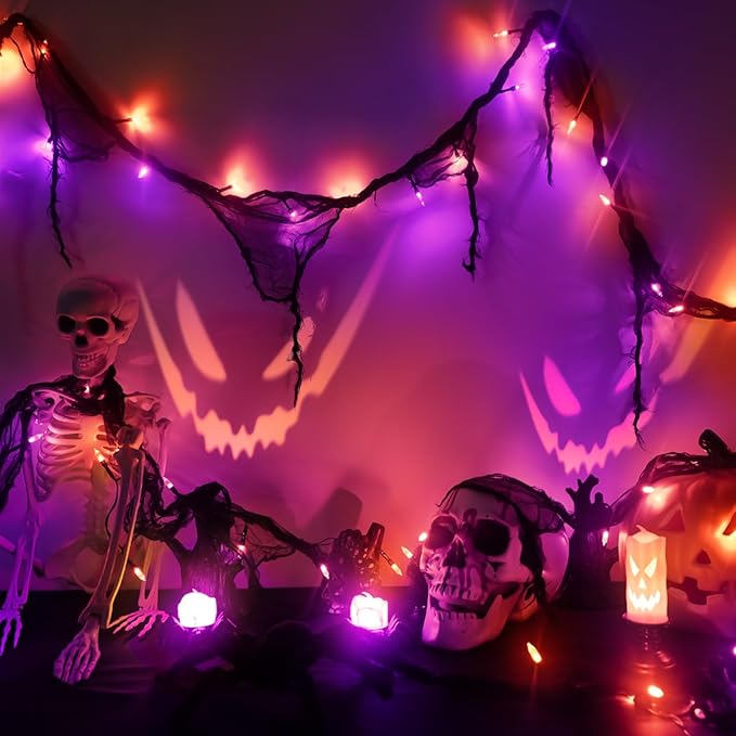 Halloween Horror Atmosphere Lights, Orange&Purple LED String Lights with 9.9FT Creepy Black Gauze, Battery Powered with Timer & 8 Flashing Modes (Orange & Purple)