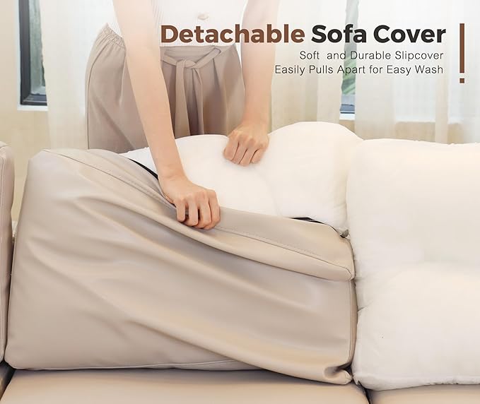 118.5" Faux Leather Modular Sectional Sofa, 7 Seater U Shaped Couch with Storage Seat with Reversible Chaise Deep Seat for Living Room Whitesand