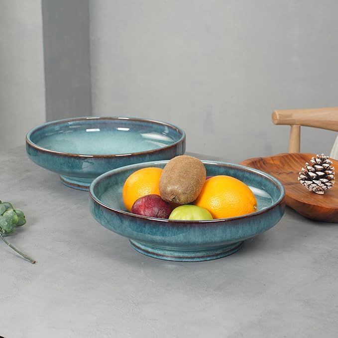 Ceramic Fruit Bowl for Kitchen Counter,Decorative Pedestal Bowl for Table Countertop,Large Footed Serving Bowl,10.2 Inch (Blue)