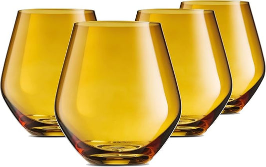 Godinger Wine Glasses, Stemless Wine Glasses, Red Wine Glasses, Drinking Glasses, European Made Stemless Wine Glass - Amber, 17oz, Set of 4