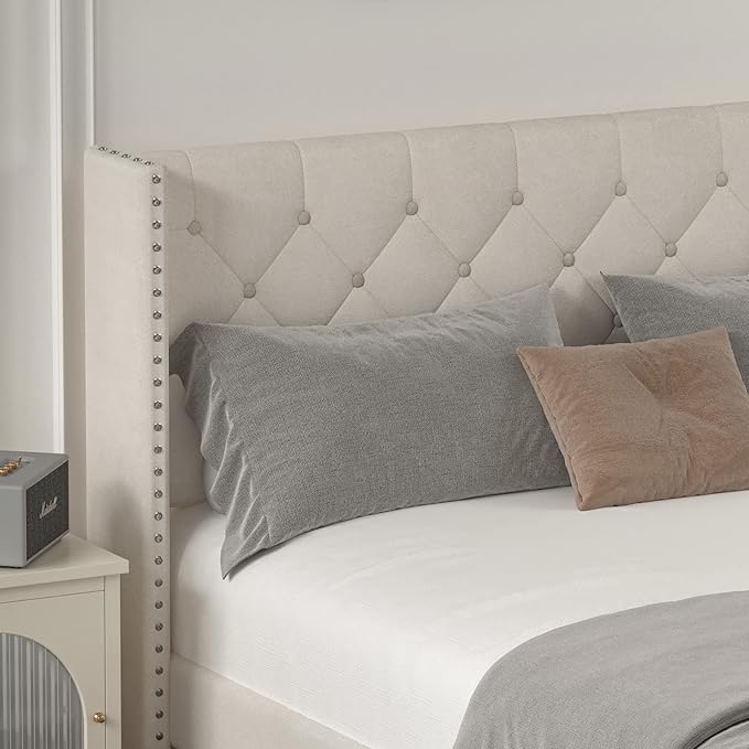 Full Size Bed Frame with Wingback Headboard, Upholstered Platform Bed Frame with Diamond Tufted Headboard & Lights, Wood Slat, Easy Assembly, Noise-Free, No Box Spring Needed, Beige