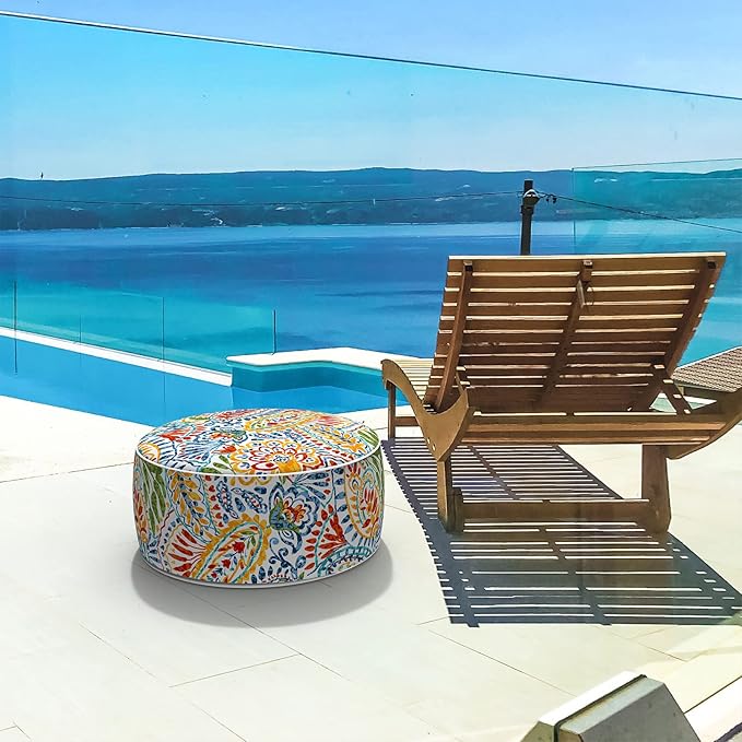 LVTXIII Indoor/Outdoor Inflatable Ottoman, All Weather Round Footrest Stool D21”x H9”, Portable for Patio Garden Camping or Home-Paisley Ummi Multi