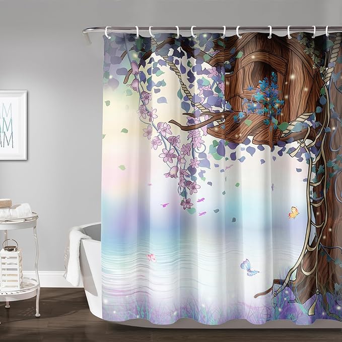 AILONEN Purple Tree Leaves Shower Curtain,Botanical Floral Plants Vine Shower Curtain,Butterfly Floral Shower Curtain for Bathroom Decor Polyester Waterproof with Grommets and Hooks 72" W*84" H