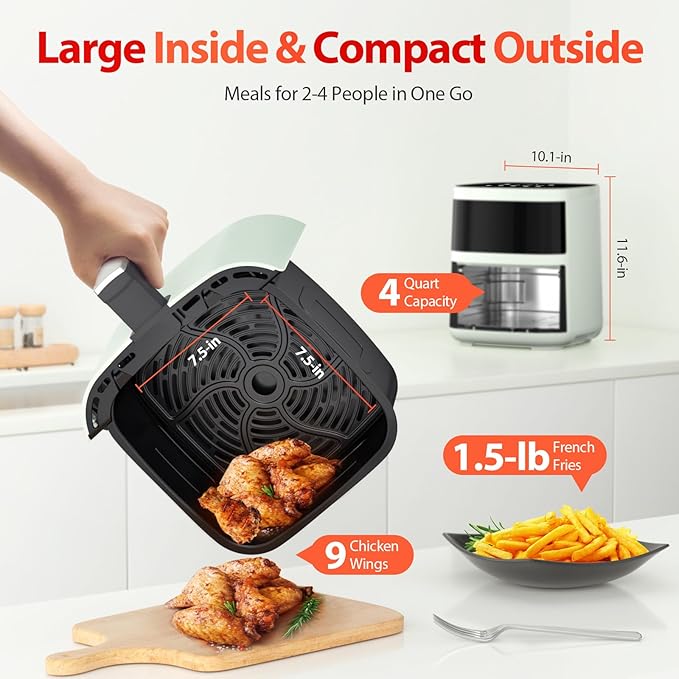 Air Fryer, Beelicious 8-in-1 Smart Compact 4QT Air Fryers, with Viewing Window, Shake Reminder, 450°F Digital Airfryer with Flavor-Lock Tech, Dishwasher-Safe & Nonstick, Fit for 1-3 People, Avo Green