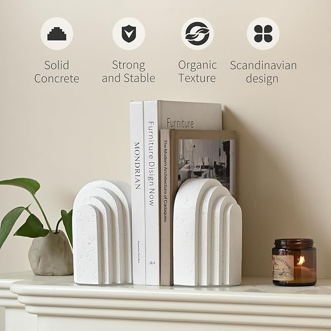 Decorative Bookends for Shelves, Set of 2 Book Ends for Heavy Books, Layered Arch Design White Bookend