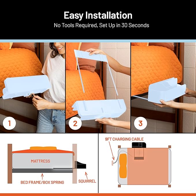Squirrel-Bedside Perch, Floating Organizer with USB-C & A Charging Ports, Great Bedside Shelfie, Gift for teens and college freshman, for Gamers, Dorm room gifts. Assembly in 1 minute. Light Blue