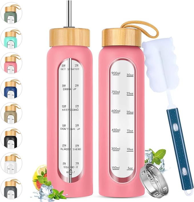 32 oz Glass Water Bottle with Straw - Motivational Time Marker & Silicone Sleeve - Reusable Tumbler Includes 2 Bamboo Lids & Fruit Infuser - 1 Pack