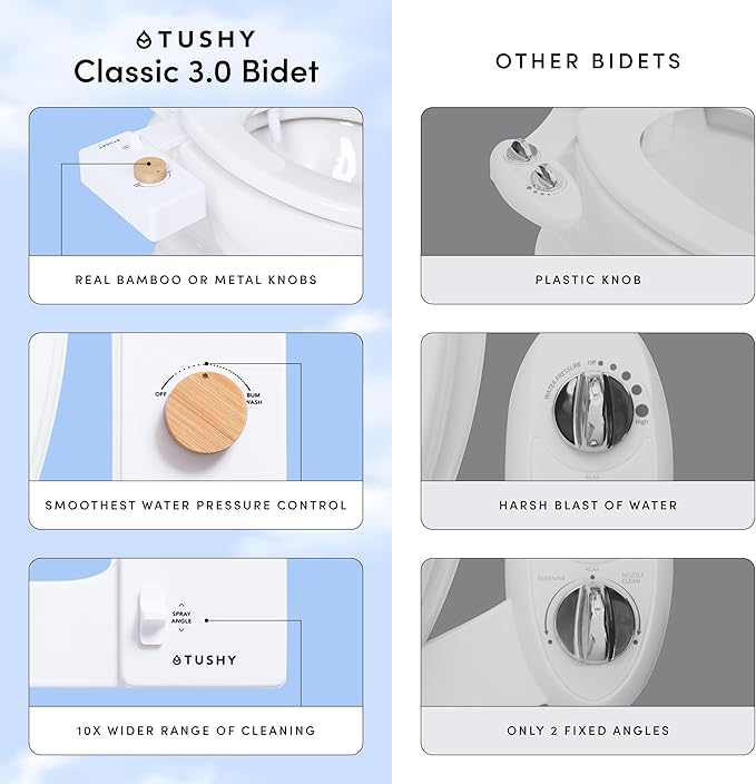 TUSHY Classic 3.0 Bidet Toilet Seat Attachment - A Non-Electric Self Cleaning Water Sprayer with Adjustable Water Pressure Nozzle, Angle Control & Easy Home Installation (White/Gunmetal)