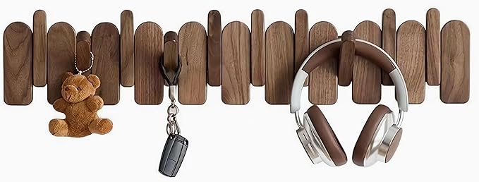 Wall Mounted Piano Key Hanger | Flip Style Hook | Entrance Wall Art Hook, Made of Oak Wood (3 Times Painted, 4 Times Polished) (Arc Walnut-Beech, 10Hooks)