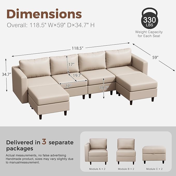 118.5" Oversized Modular Sectional Sofa, Faux Leather 6 Seater U Shaped Couch with Movable Ottoman and Storage Seat with Reversible Chaise Deep Seat for Living Room Whitesand