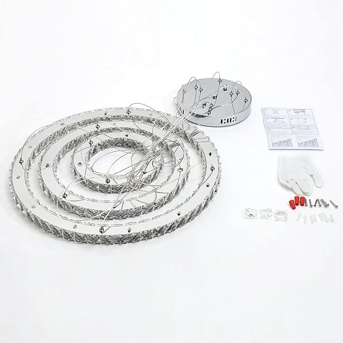 Buccleuch Modern Crystal Chandelier, Dimmable LED Pendant Light Fixture 3-Ring Adjustable Stainless Steel Ceiling Light, Silver Crystal Chandeliers for Dining Room, Bedroom, Living Room - ETL Listed