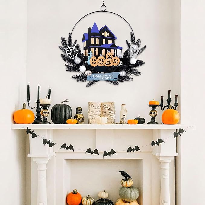 Lighted Halloween Wreaths for Front Door, Welcome Metal Wooden Door Wreath Decor Hanging Sign, 30 LED Lighted Wall Decor Battery Operated for Halloween Indoor Outdoor (Pumpkin)