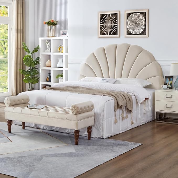 24KF Stunning Crown Design King Headboard, Upholstered Soft Velvet Petal Pattern Headboard King/CA King-Beige