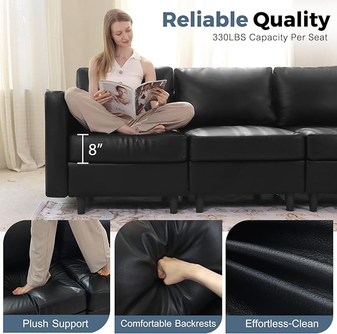 118.5" Faux Leather Modular Sectional Sofa, L Shaped Couch Set for Living Room, 6-Seater Comfy Cloud Couches with Movable Storage Ottoman Black