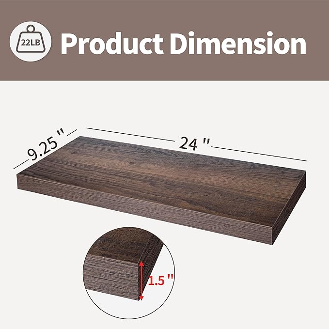 LaVie Home Floating Shelves, 24 Inch Wall Shelf Set of 2, Hanging Shelf with Invisible Brackets, Wall Decor for Bathroom, Bedroom, Living Room, Kitchen Storage, Rustic Brown