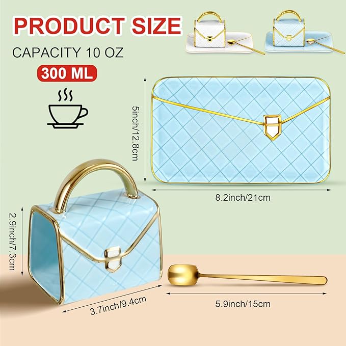 Zubebe 2 Sets Coffee Mug Elegant Handbag Shaped Cup Modern Ceramic Purse Mug with Spoon and Saucer, 10oz Cute Creative Tea Cup for Office Home Woman Girls Gift (White,Blue)