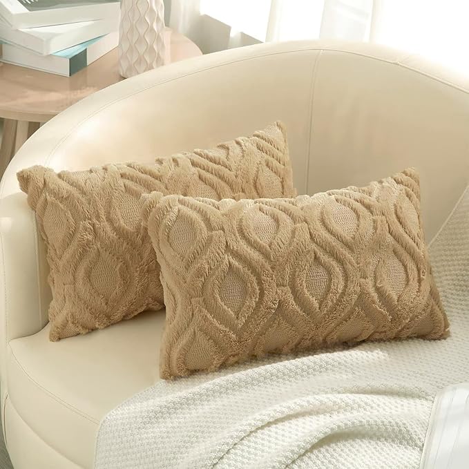 decorUhome Throw Pillow Covers 12x20 Inch Set of 2, Soft Plush Decorative Faux Fur Light Brown Solid Couch Pillow Covers, Accent Farmhouse Neutral Lumbar Euro Pillow Cases for Sofa Bed Living Room