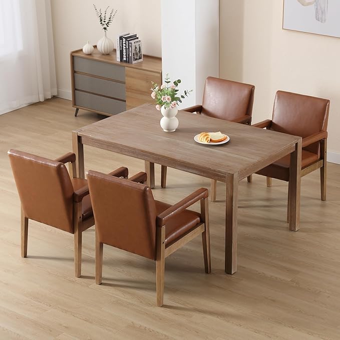Kmax Modern Dining Chairs Set of 6 Faux Leather Kitchen Arm Chairs Upholstered Accent Chairs with Wooden Legs for Dining Room, Living Room, Bedroom, Brown