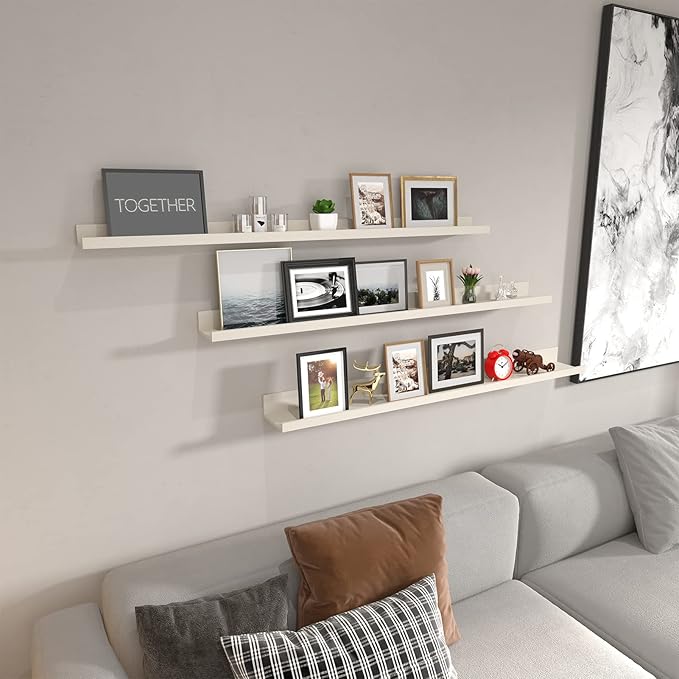 Giftgarden 47 Inch Floating Shelves for Wall Creamy White Beige Wood-Grain, Long Picture Ledge Large Wooden Photo Shelf for Living Room Bedroom Nursery Office, Set of 3 Different Sizes
