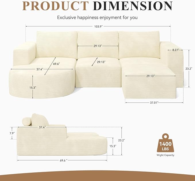 Modular Sectional Sofa with L-Shape Chaise,Cloud Sectional Modern Sleeper Couch with Deep Seat,Sponge Compression Sofas No Assembly Required (Beige-Corduroy Fabric) 1pcs