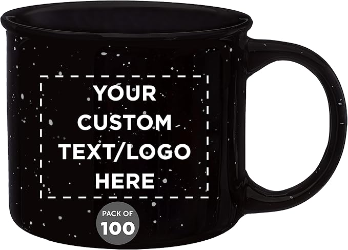 DISCOUNT PROMOS Custom Ceramic Campfire Coffee Mugs 13 oz. Set of 100, Personalized Bulk Pack - Perfect for Tea, Espresso, Cappuccino, Hot Cocoa - Black