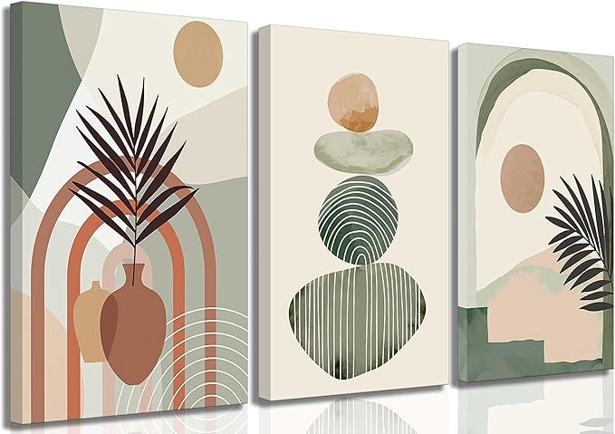 3 Pcs Mid Century Modern Boho Abstract Canvas Wall Art Neutral Green Bohemia Sun and Plant Pictures Wall Decor Posters Print Artwork for Living Room Bedroom Bathroom Office Home Decoration